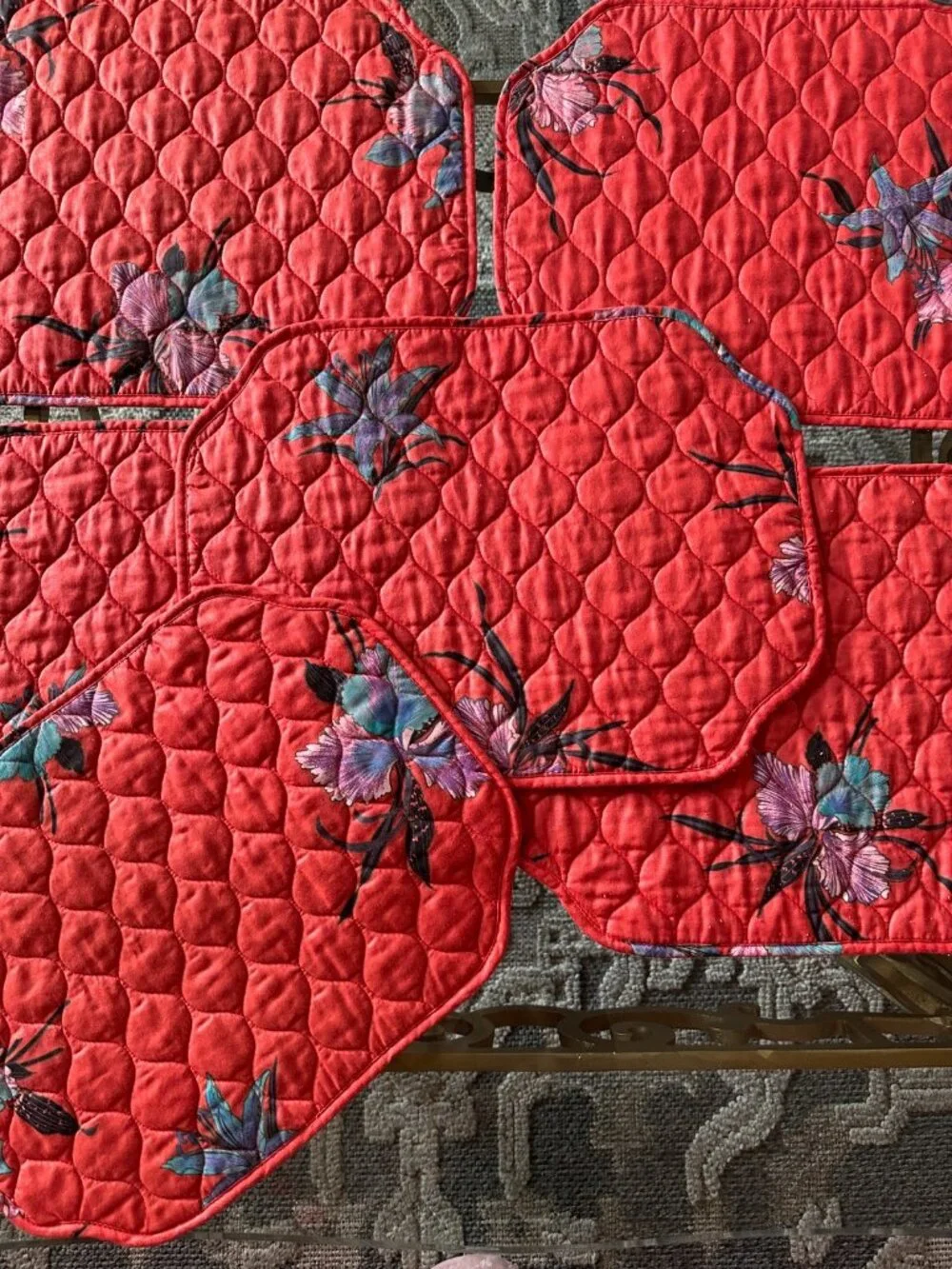 6 Vintage Quilted Placemats Orange Red Floral Table Mats Cottage Kitchen Linens